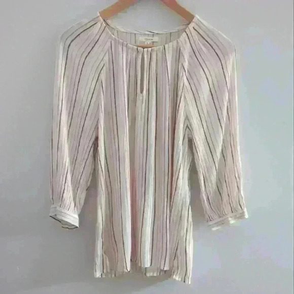 MAURICES  | Women's White/Pink/Brown Striped Flowy Crinkle Blouse - Picture 2 of 6